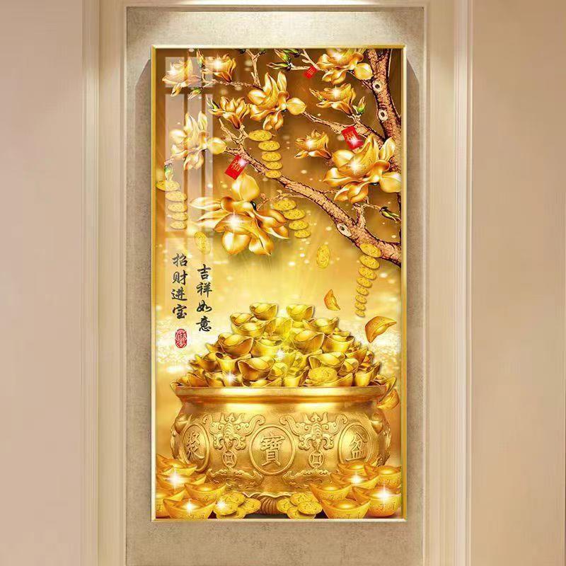 招财进宝现代聚宝盆装饰画玄关贴画客厅走廊黄金发财树风水挂画