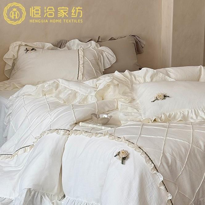 少女心双层皱皱纱四件套全棉立体花法式边被套纯棉床上用品白绿色