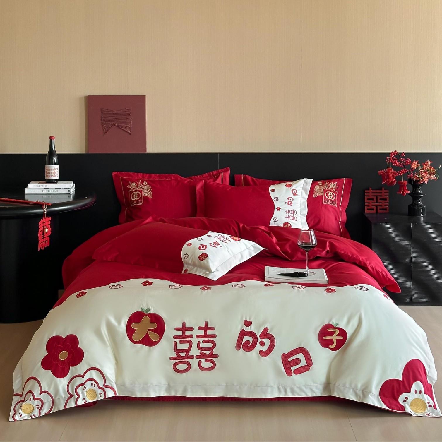 红色简约结婚四件套婚庆床上用品被套床单纯棉喜被全棉4件套年轻