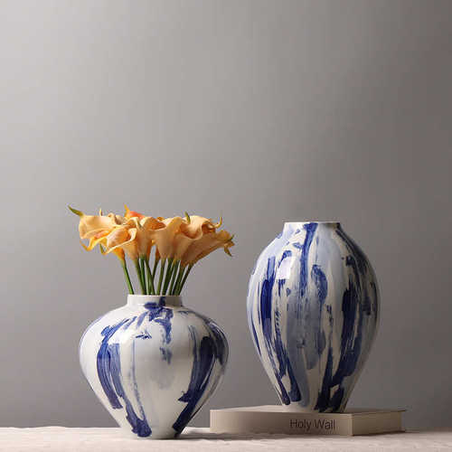新中式手绘青花瓷陶瓷花瓶 客厅创意插花装饰品样板间工艺品 摆件