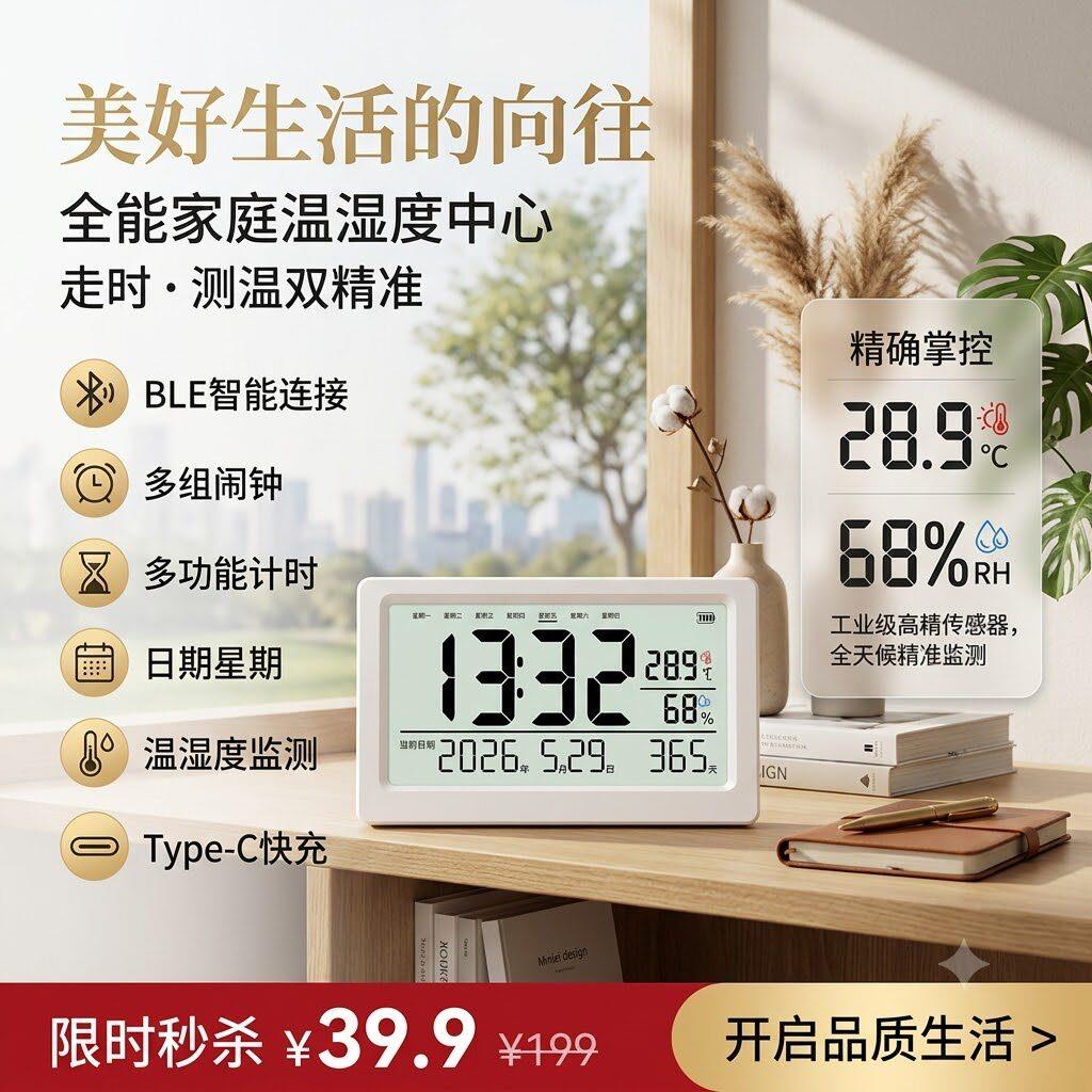 温湿度计多功能时钟计时器数字显示室内家用壁挂电子婴儿房温度表图片