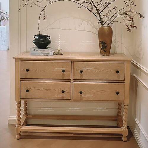 法式实木复古门厅玄关柜美式乡村风化做旧装饰柜麻花腿玄关桌斗柜