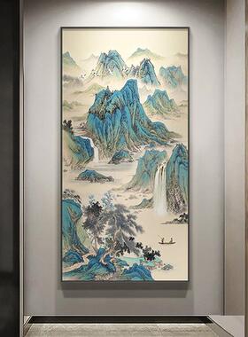 新中式玄关装饰画迎客松竖版国风走廊过道壁画大气背景墙山水挂画