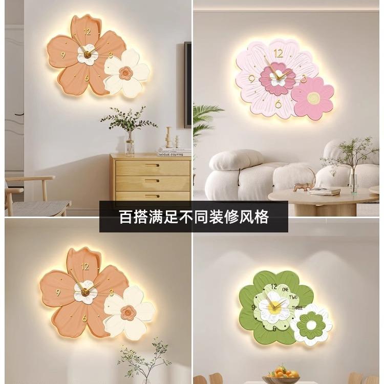 小新客厅钟表装饰画钟l花ed发光画壁灯奶油KQB风餐厅时挂墙卉挂清