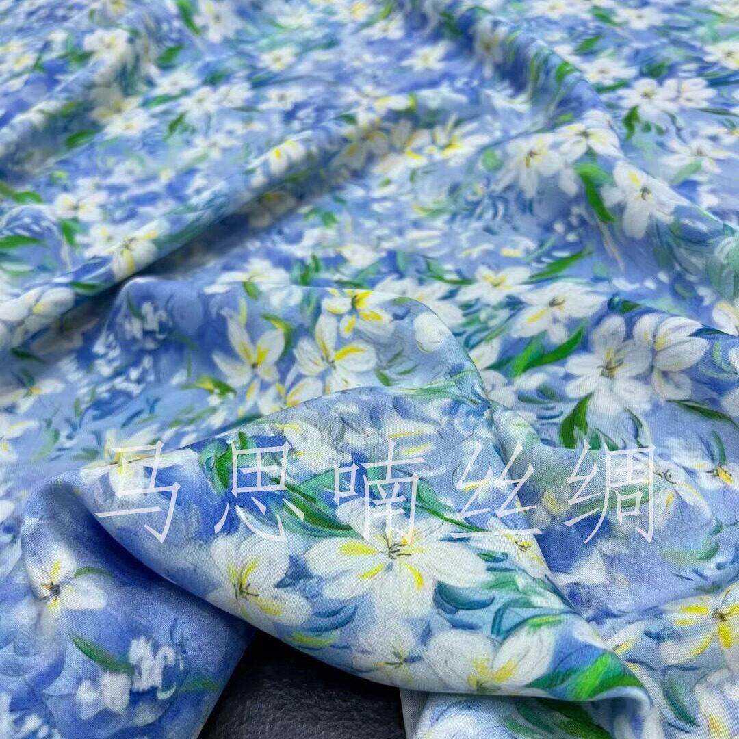 栀子花开 重磅真丝弹力双绉布料花色桑蚕丝衬衫洋装旗袍面料