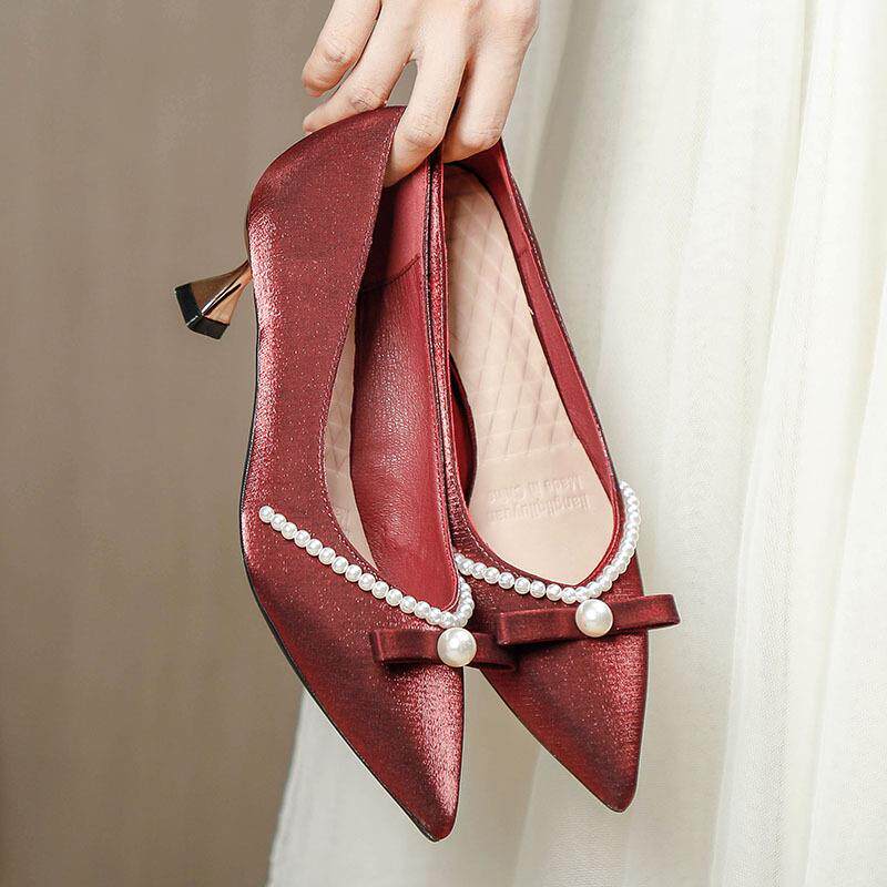 2026年新款尖头法式高跟鞋细跟秀禾红色婚鞋珍珠蝴蝶结单鞋女中跟