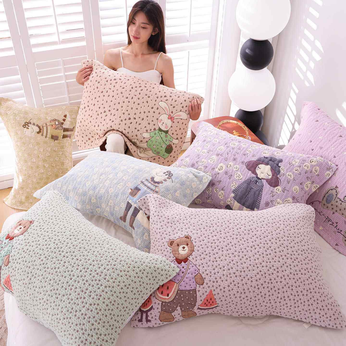 枕巾一对纯棉纱布装可爱卡通全棉柔软枕头巾吸汗透气成人家用盖巾