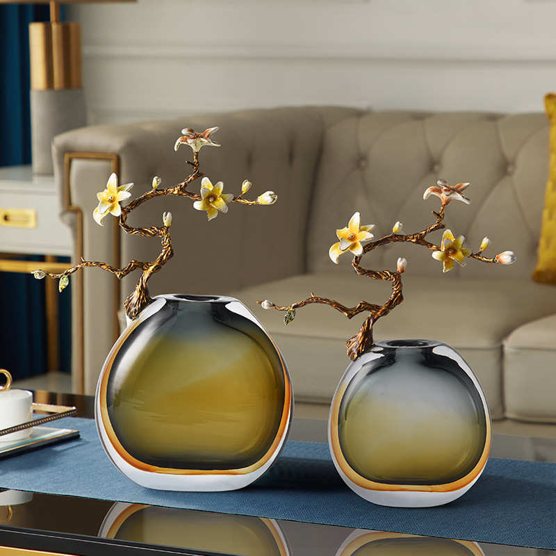 现代轻奢玻璃花瓶摆件家用桌面珐琅彩装饰摆设创意网红插干花饰品