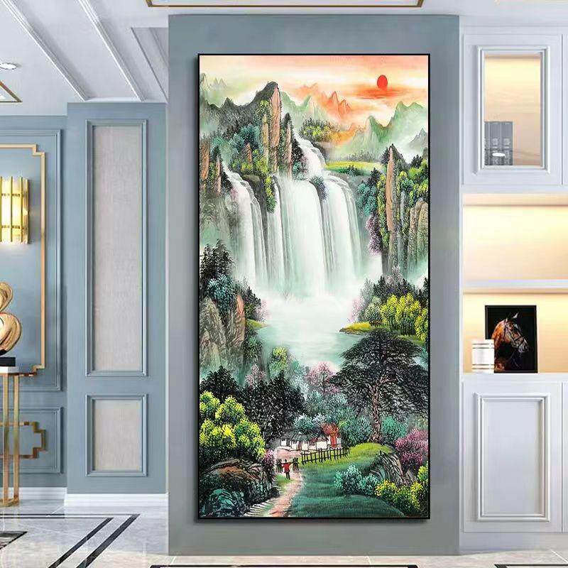 新款直销2023新款5d钻石画满钻流水生财玄关竖版风景点砖十字绣手
