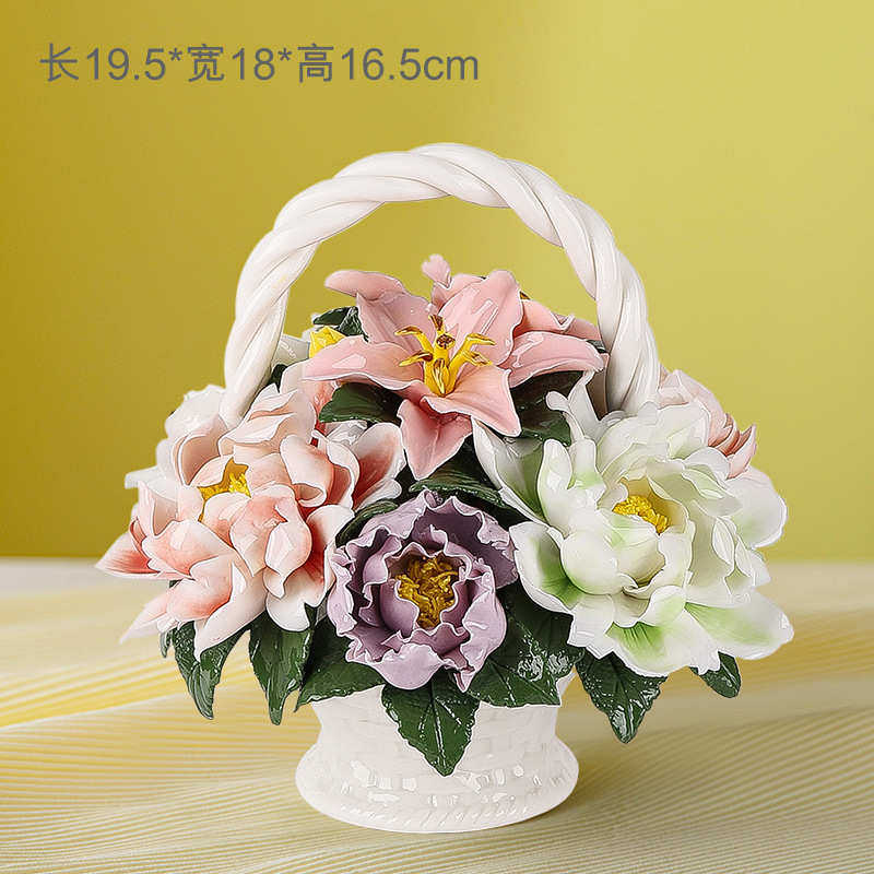创意仿真花篮摆件花篮玫瑰家居饰品牡丹花瓷陶瓷礼品手工乔迁婚庆