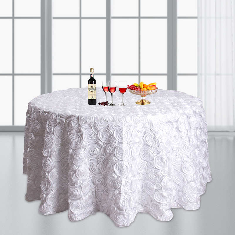 直供酒店婚庆缎面立体玫瑰花圆形桌布纯色宴会派对色丁台布