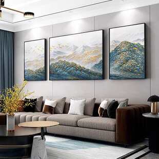 孔雀蓝金山三联画纯手绘油画客厅装 饰画沙发背景墙挂画大芬村
