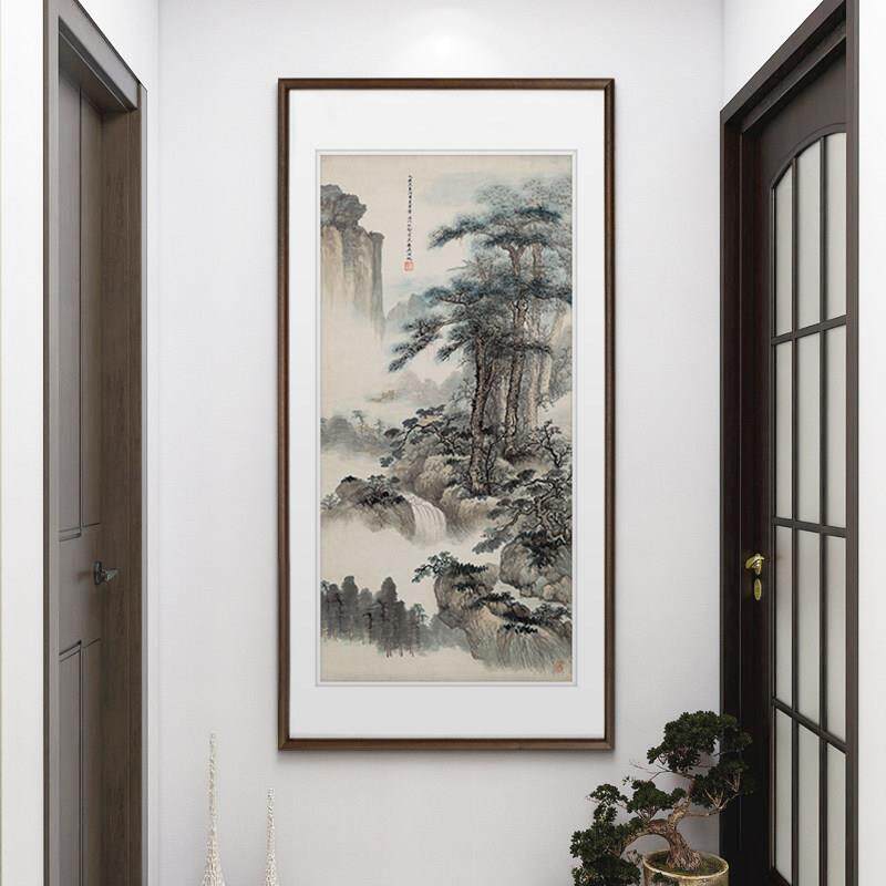 新中式山水画张大千入户玄关装饰画走廊过道挂画客厅壁画招财竖版