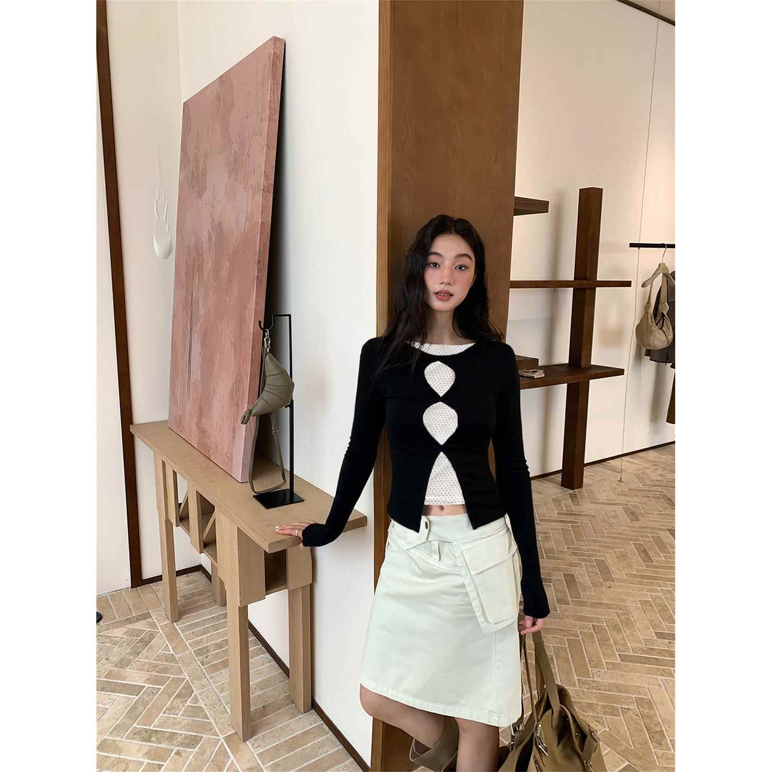 Creamsu叙白 黑色假两件镂空波点长袖T恤女早秋设计修身气质上衣
