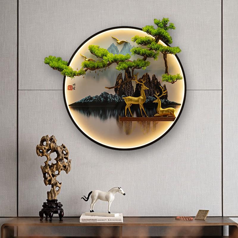 新中式装饰画带灯玄关客厅沙发背景墙上立体迎客松圆形山水挂画
