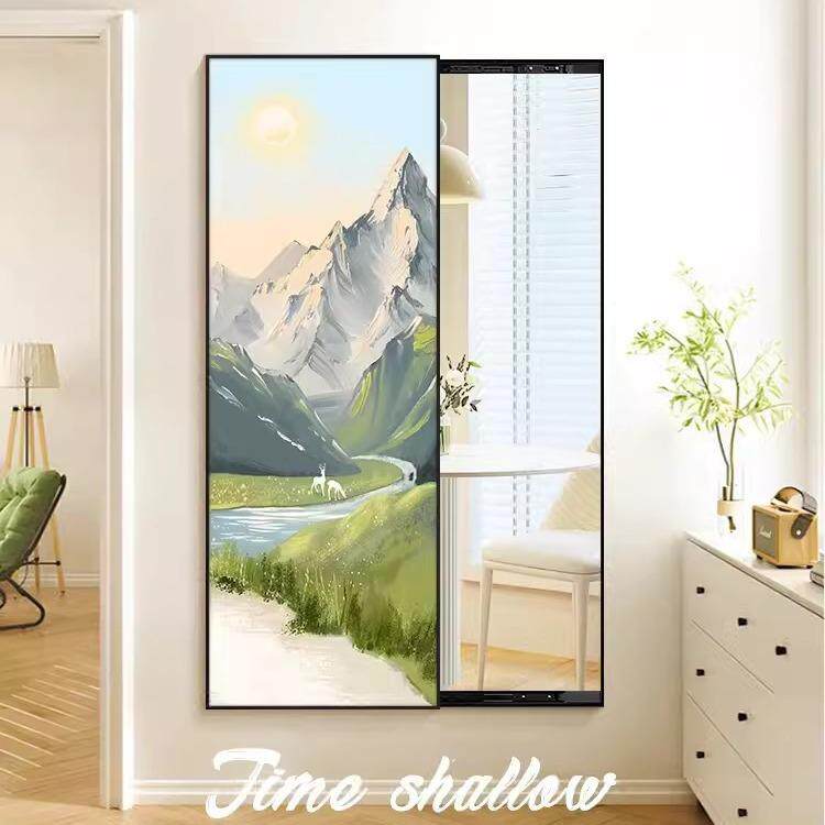 现代简约入户玄关装饰画全身推拉暗藏式镜子壁画日照金山风景挂画