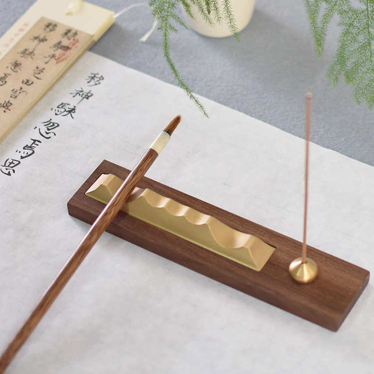 本曦多功能镇纸笔搁笔山 黄铜黑胡桃木创意镇尺 文房书法文创礼品