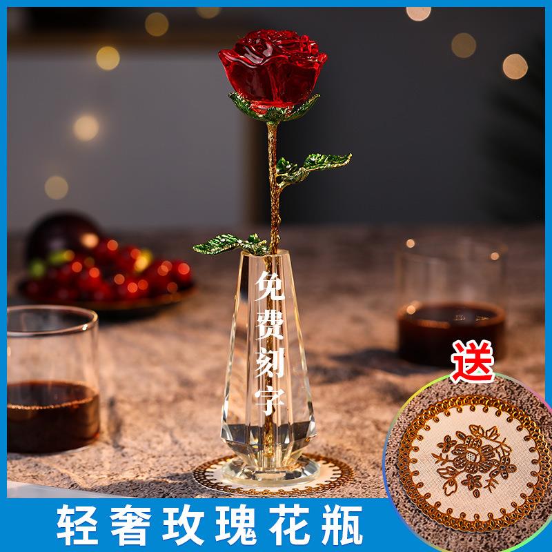 新款直销水晶玫瑰花 送女友老婆创意结婚纪念日周年装饰品摆件情