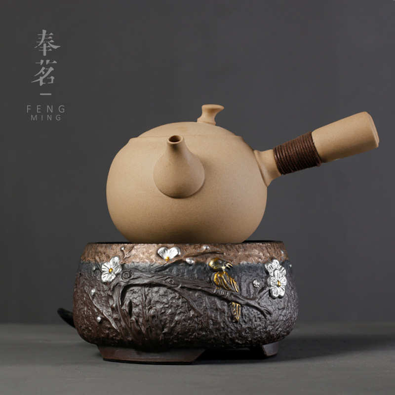 麦饭石陶壶 粗陶茶壶煮茶器茶壶侧把壶功夫茶具电陶炉喜上梅梢