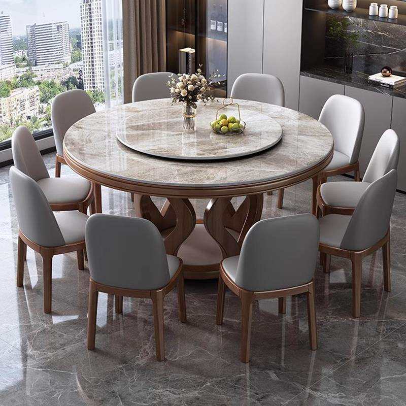 实木高端岩板餐桌椅组合现代简约小户型圆形家用圆桌带转盘饭桌子