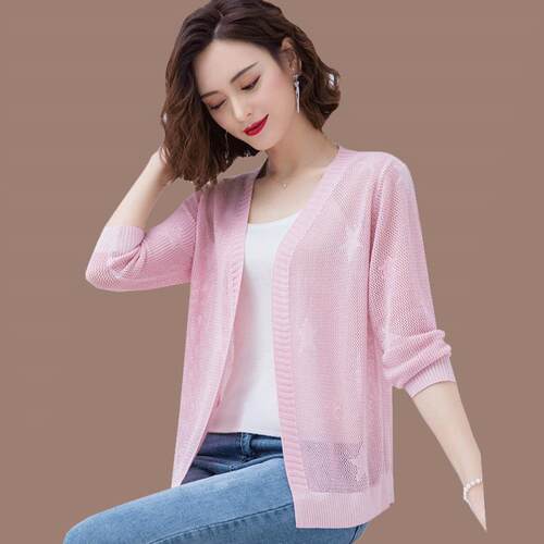 桑蚕丝针织开衫女短款宽松显瘦空调防晒衫镂空披肩外套大尺码七分