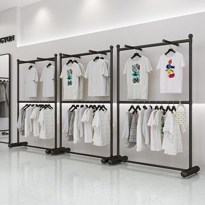 服装店挂衣架可升降双层落地黑色铁艺展示架女装店正挂侧挂陈列架