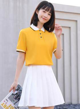 幼儿园老师园服夏季工作服polo衫套装定制黄色短袖百褶裙两件套女