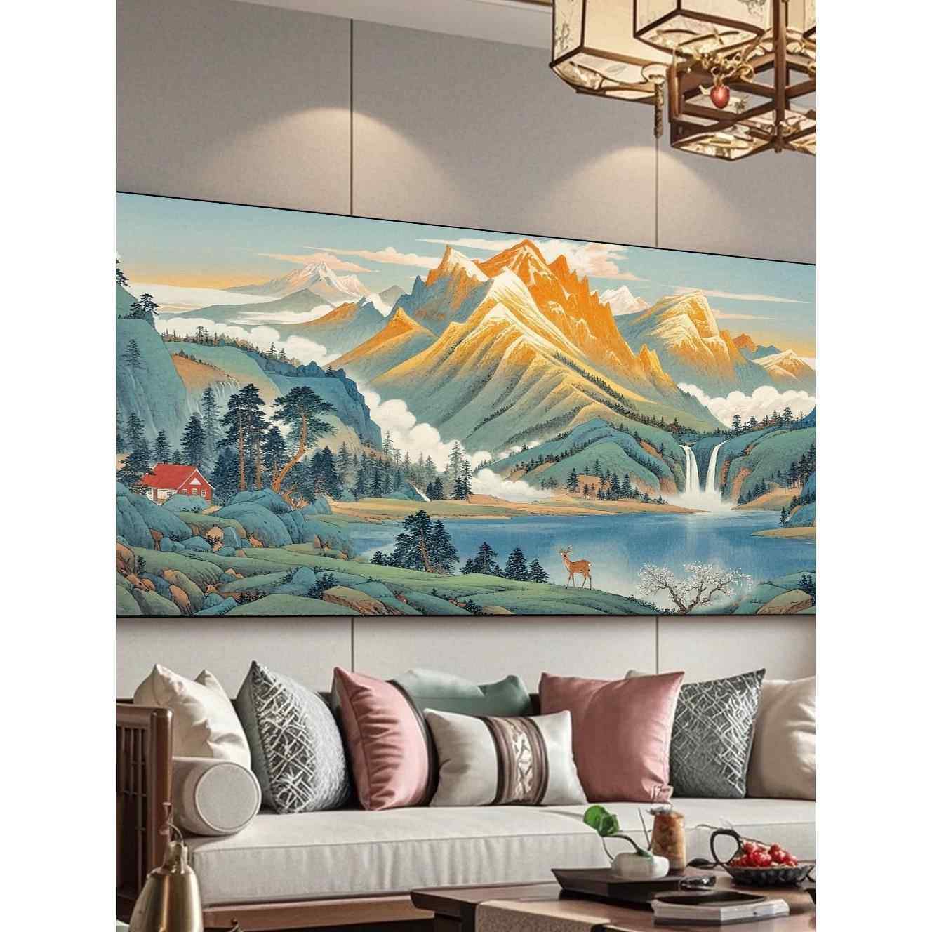 金山聚宝盆山水画客厅挂画靠山图西墙聚财办公室装饰画沙发背景墙,家居饰品,现代装饰画,淘宝优惠券,粉丝福利购,淘宝优惠卷