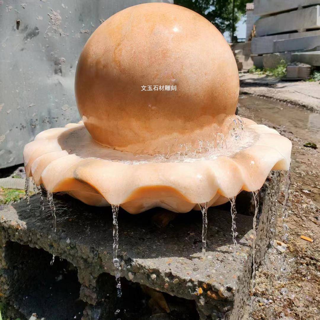 石雕风水球晚霞红流水喷泉别墅庭院景观石刻组合流水摆件