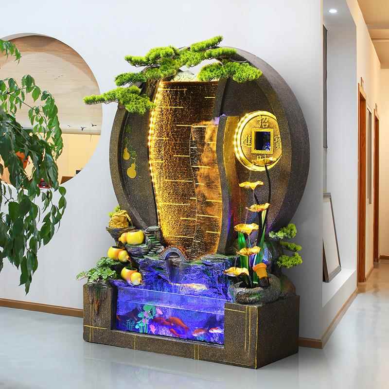 大型饰水幕墙假山水招喷泉BUX摆件客厅办流公室庭院别墅财风水轮