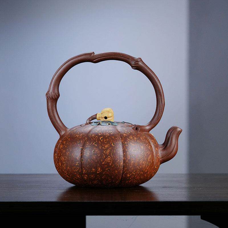宜兴原矿紫泥段泥紫砂茶壶常月红仿生器高端高档大号提梁壶南瓜壶