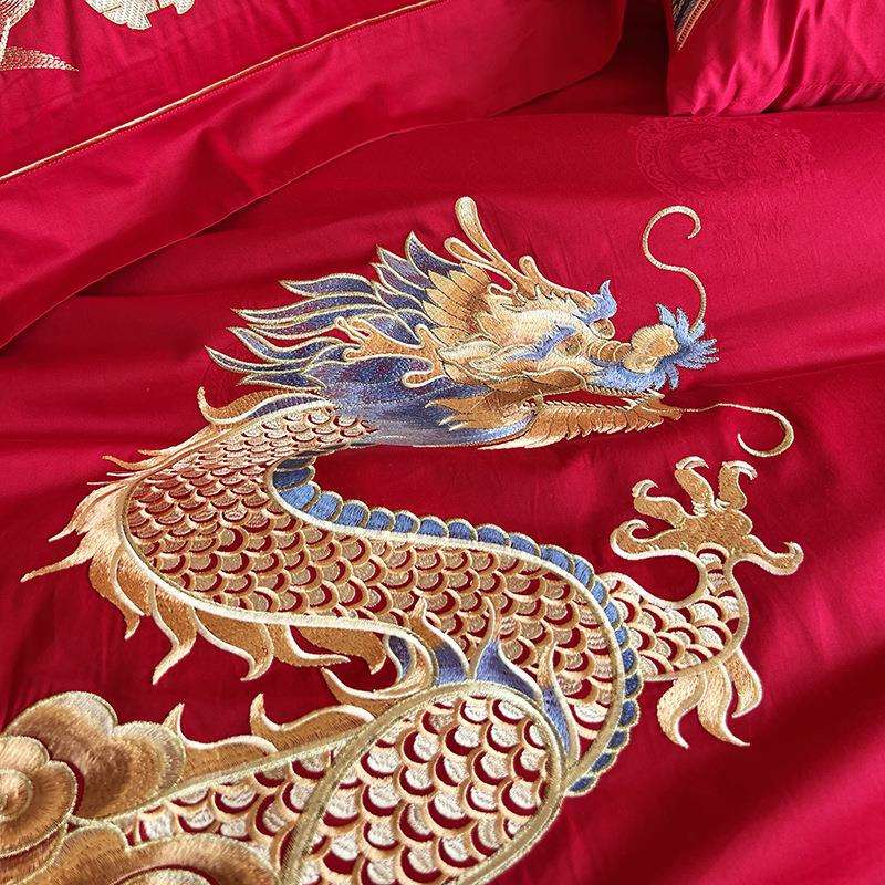 结婚季丨高端百支贡缎提花全棉大红婚庆四件套多件套龙凤刺绣囍字