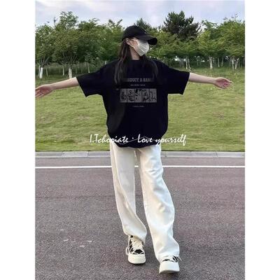 纯棉短袖T恤女 2025夏季宽松简约 黑色休闲上衣 通勤风大尺码