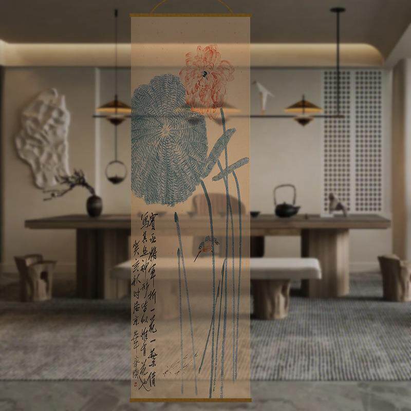半透明荷花双面透景屏风纱中式卷帘隔断帘挂帘水墨窗帘透光纱帘