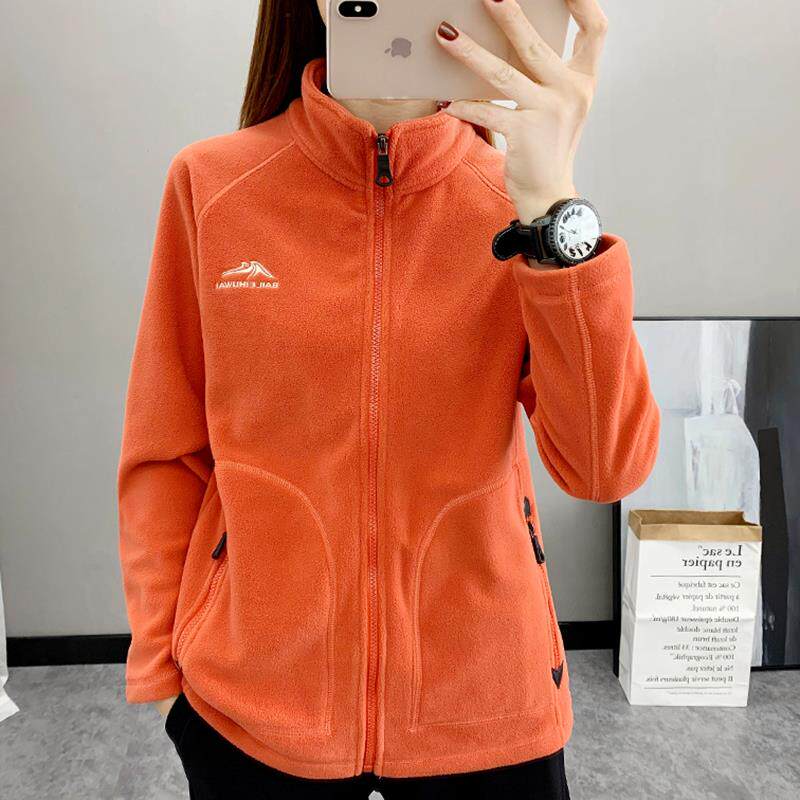 韩国加厚保暖内胆抓绒外套女秋冬款摇粒绒卫衣橘色开衫户外冲锋衣