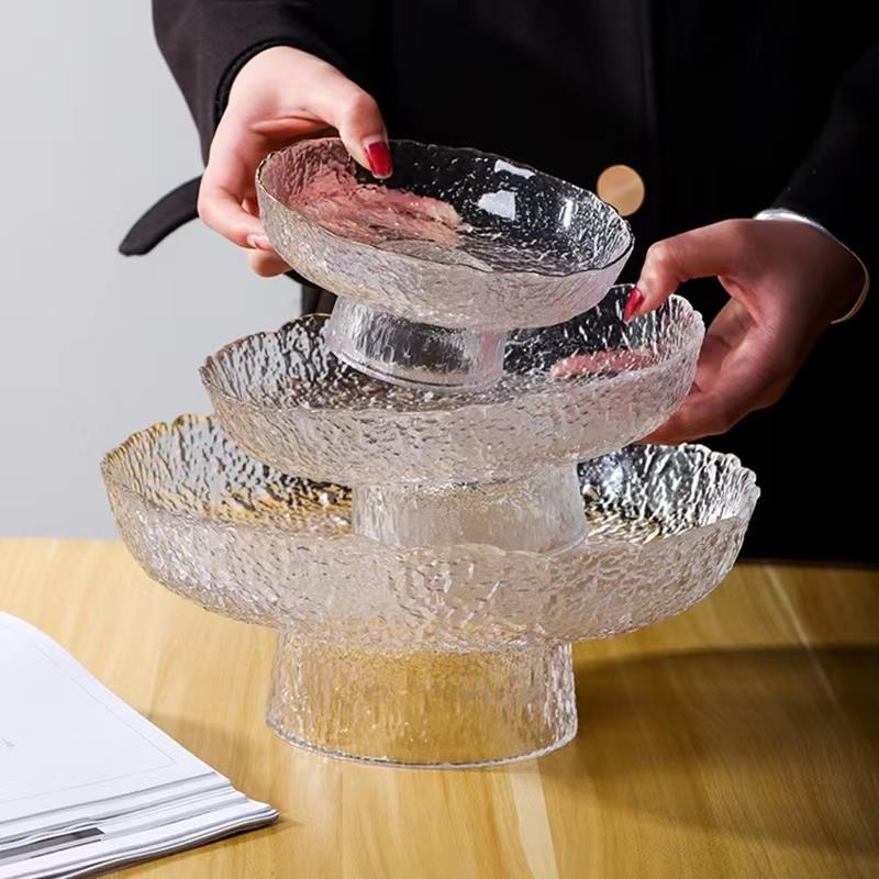 玻璃果盘三层水客厅茶几家用零食盘简约轻奢精致高端高脚盘托盘