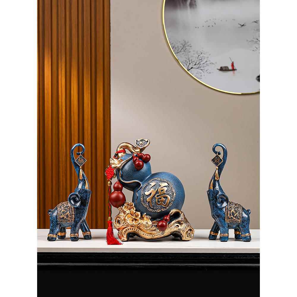 新中式客厅电视柜台面上的装饰大象摆件一对招财葫芦工艺品高级感