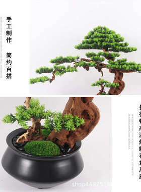 植迎客松装装饰品软中式家具店仿真红木家具客厅家居玄关摆件新绿