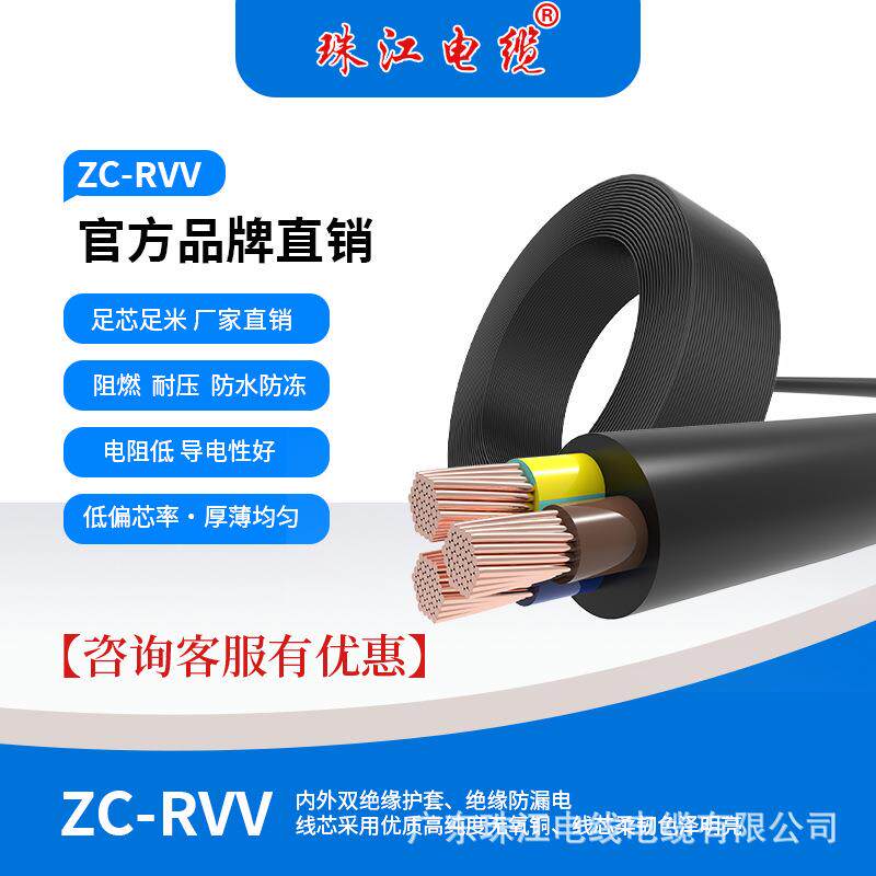 广东珠江电缆2芯3芯RVV0.5-4黑白护套铜芯电线家装软阻燃电源线