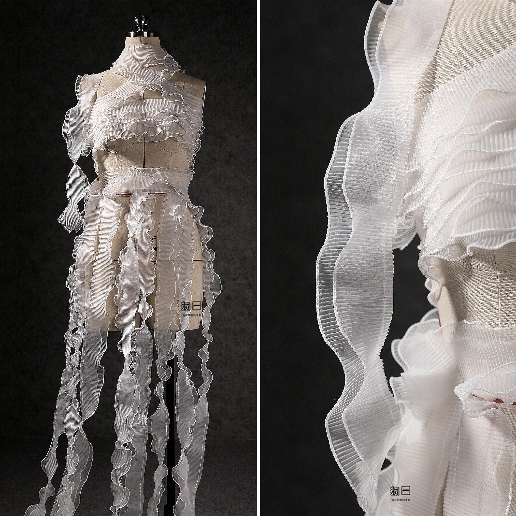 欧根纱硬挺双层黄色木耳花边 diy服装辅料装饰布料设计师面料