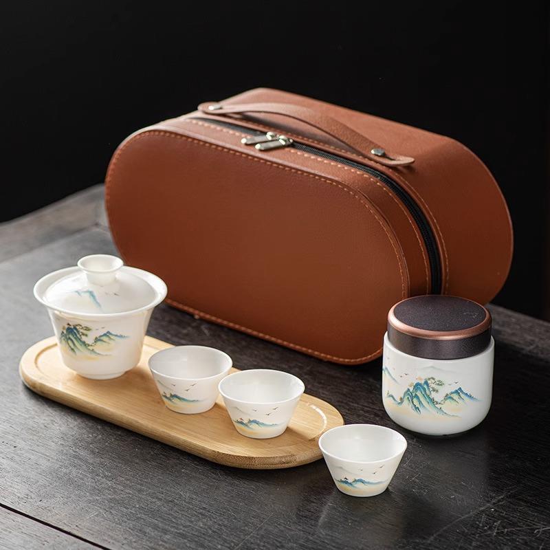 羊脂玉旅行户外功夫盖碗茶杯茶盘茶叶罐茶具套装便携式皮包礼盒