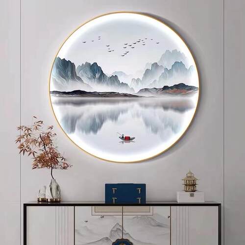 境水墨山水中圆形玄关装饰画新式茶书房氛围灯画意风景禅意室挂画