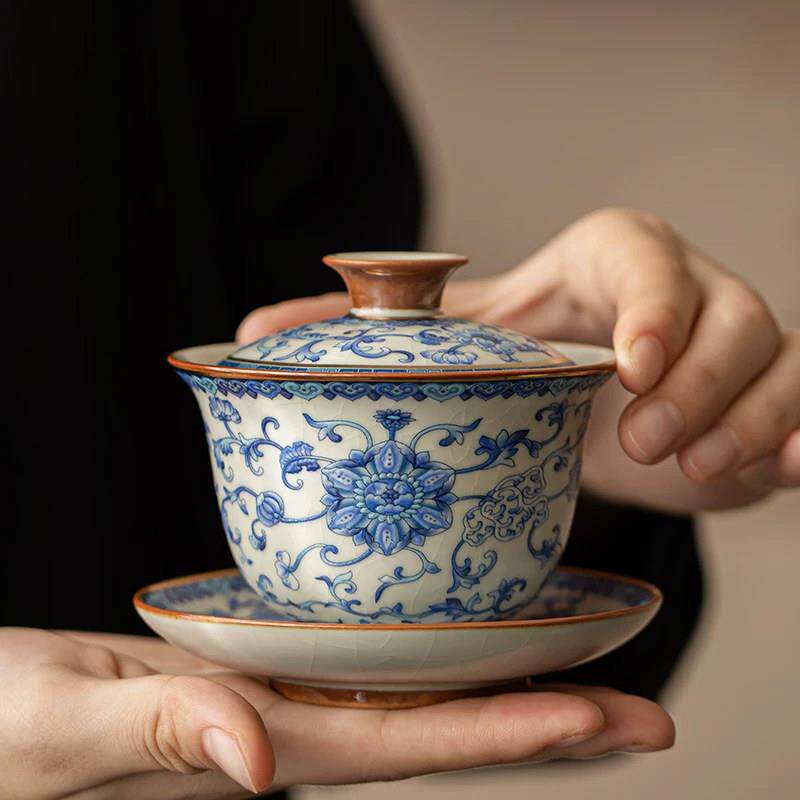 景德镇青花汝窑三才盖碗茶杯满花描金珐琅彩功夫泡茶碗高档带盖