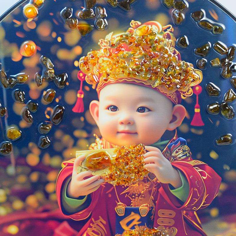 天然琥珀工艺画招财童子旺宅客厅电视柜茶几装饰摆件热销爆款