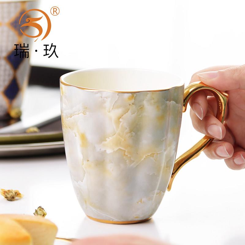 家用欧式骨瓷杯大理石纹创意杯子办公室喝水水杯男女咖啡杯马克杯