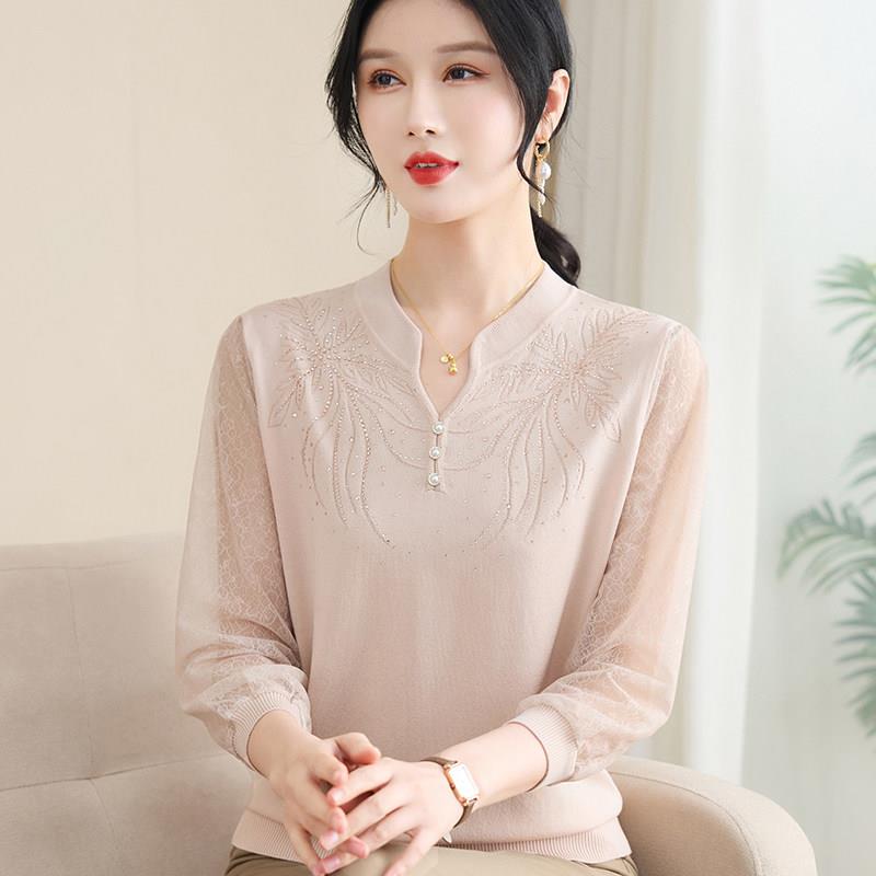 新品新款妈妈春装洋气七分袖针织打底小衫中老年女装薄款纱袖冰丝