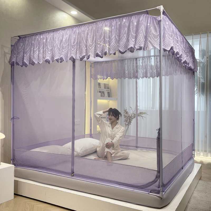 蚊帐2023新款家用宝宝防摔纹帐T型三开门免安装蒙古包回底床笠款