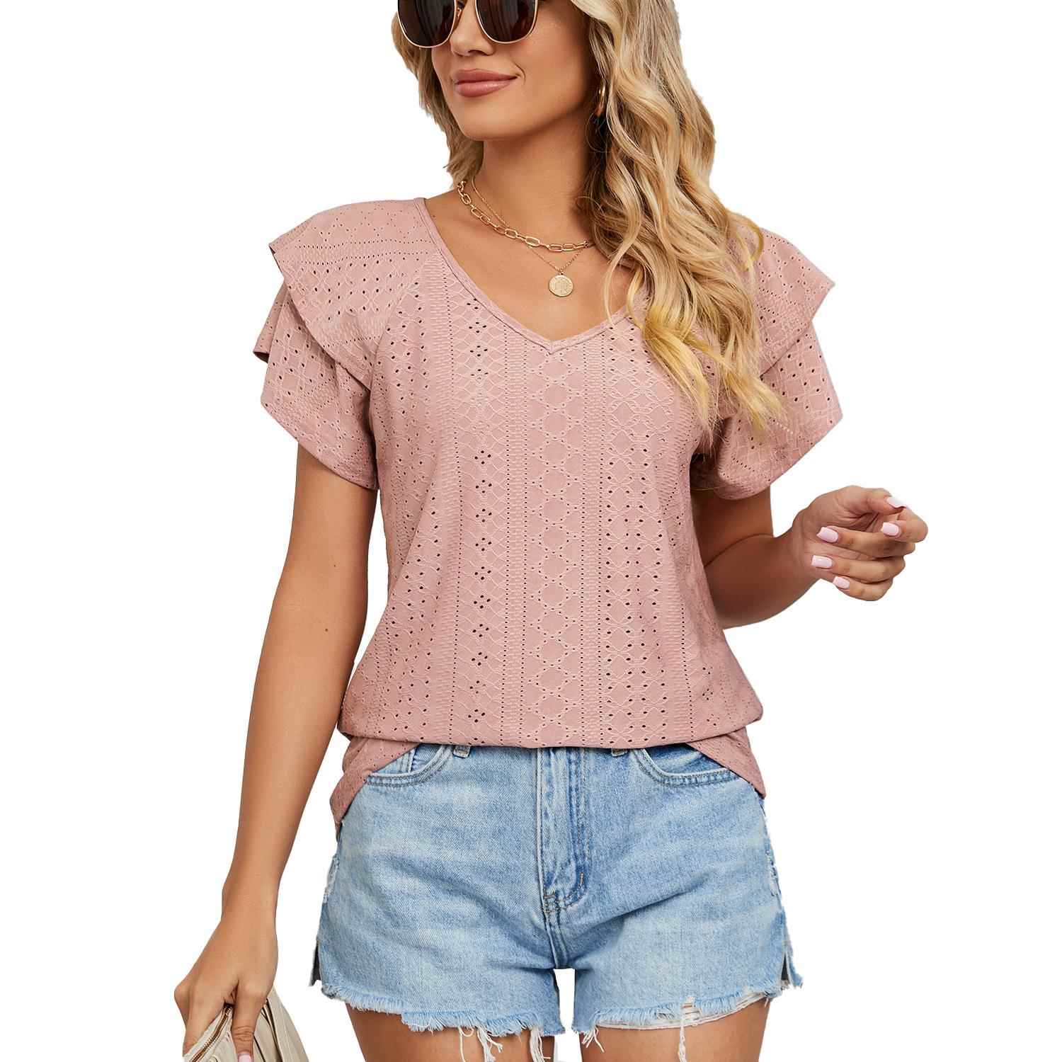 women short-sleeved Solid sleeves top V-neck double color