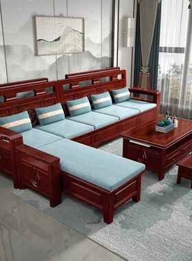 中仿组雕花实木沙发合香樟木式冬夏两用古储物多OUX功能转角贵妃