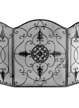 客厅炉屏网风隔断镂空铁壁护栏壁炉艺欧式黑色78437做旧折叠带门